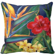 decorative pillows, tropical paradise, jeff fillbach, bird-of-pardise, hibiscus, plumeria