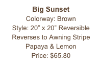 Big Sunset&#10;Colorway: Brown &#10;Style: 20” x 20” Reversible&#10;Reverses to Awning Stripe&#10;Papaya &amp; Lemon&#10;Price: $65.80