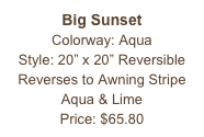 Big Sunset&#10;Colorway: Aqua &#10;Style: 20” x 20” Reversible&#10;Reverses to Awning Stripe Aqua &amp; Lime&#10;Price: $65.80