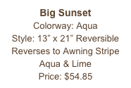 Big Sunset&#10;Colorway: Aqua &#10;Style: 13” x 21” Reversible&#10;Reverses to Awning Stripe Aqua &amp; Lime&#10;Price: $54.85