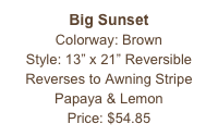 Big Sunset&#10;Colorway: Brown &#10;Style: 13” x 21” Reversible&#10;Reverses to Awning Stripe&#10;Papaya &amp; Lemon&#10;Price: $54.85