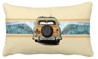 decorator pillows, woody wave, surfboard, surfers, surfing, Hawaii, Hawaiian, hibiscus, pareau, competition stripes, crashing waves